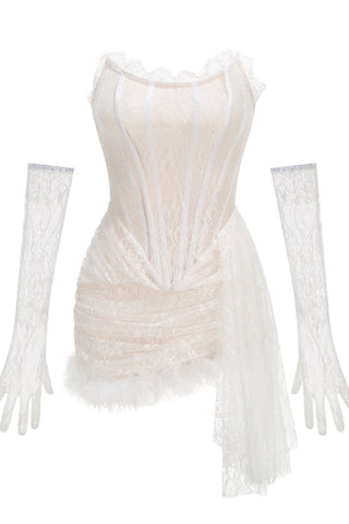 Queena Strapless Feather Trim Lace Dress