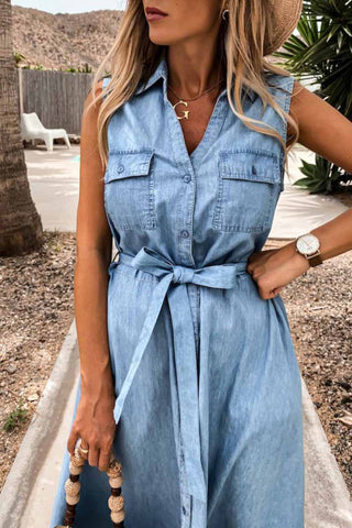 Sleeveless Lace-Up Single-Breasted Denim Midi Dress