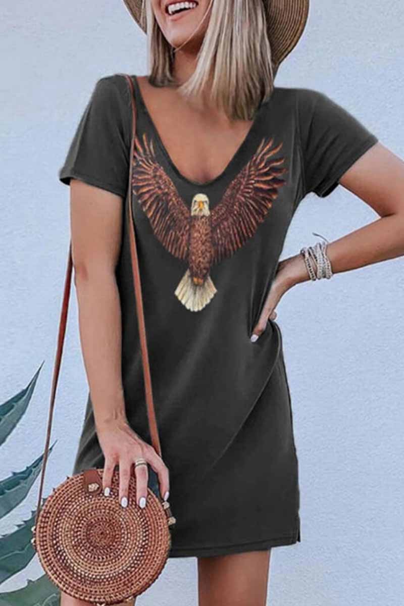 Loose V-Neck Eagle Print Short Sleeves Mini Dress