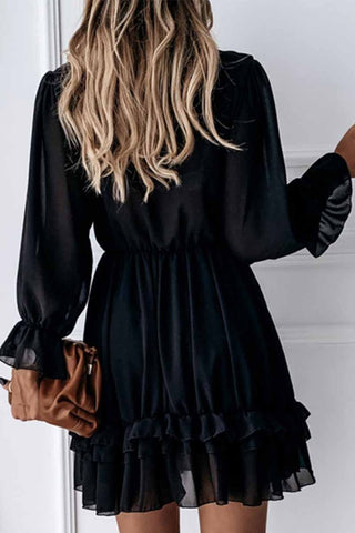 Black Lace Puff Sleeve V-Neck Lace Mini Dress