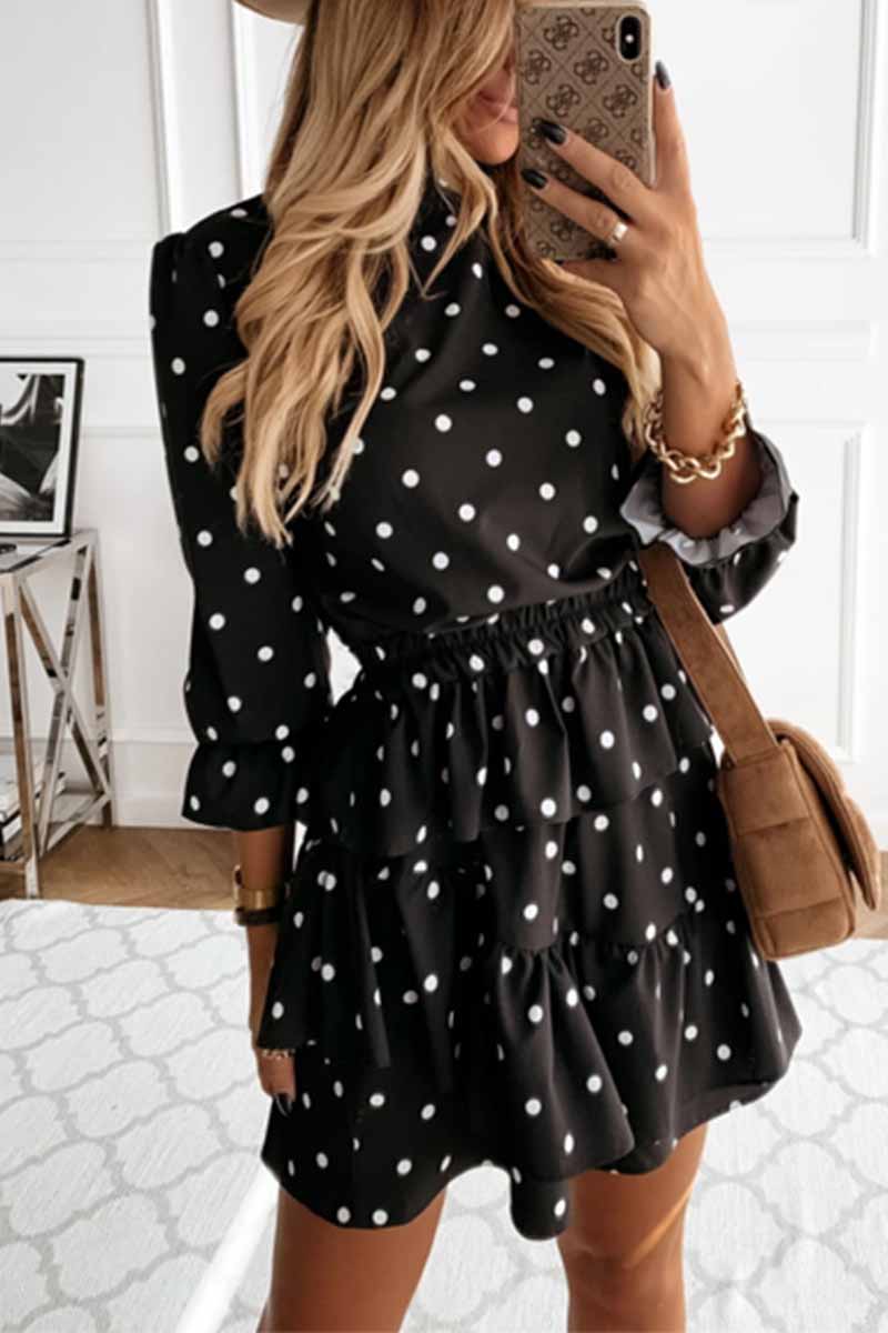 Thin Irregular Lotus Leaf Dot Printing Mini Dress