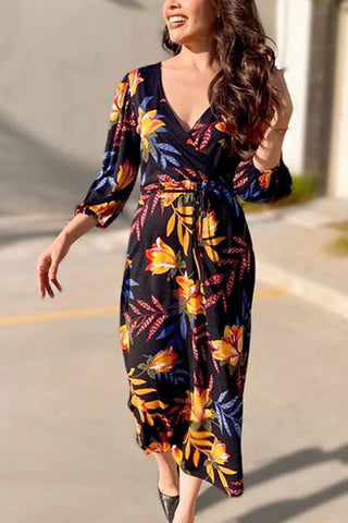 Stitching Flower Picture Double V-neck Midi Dress