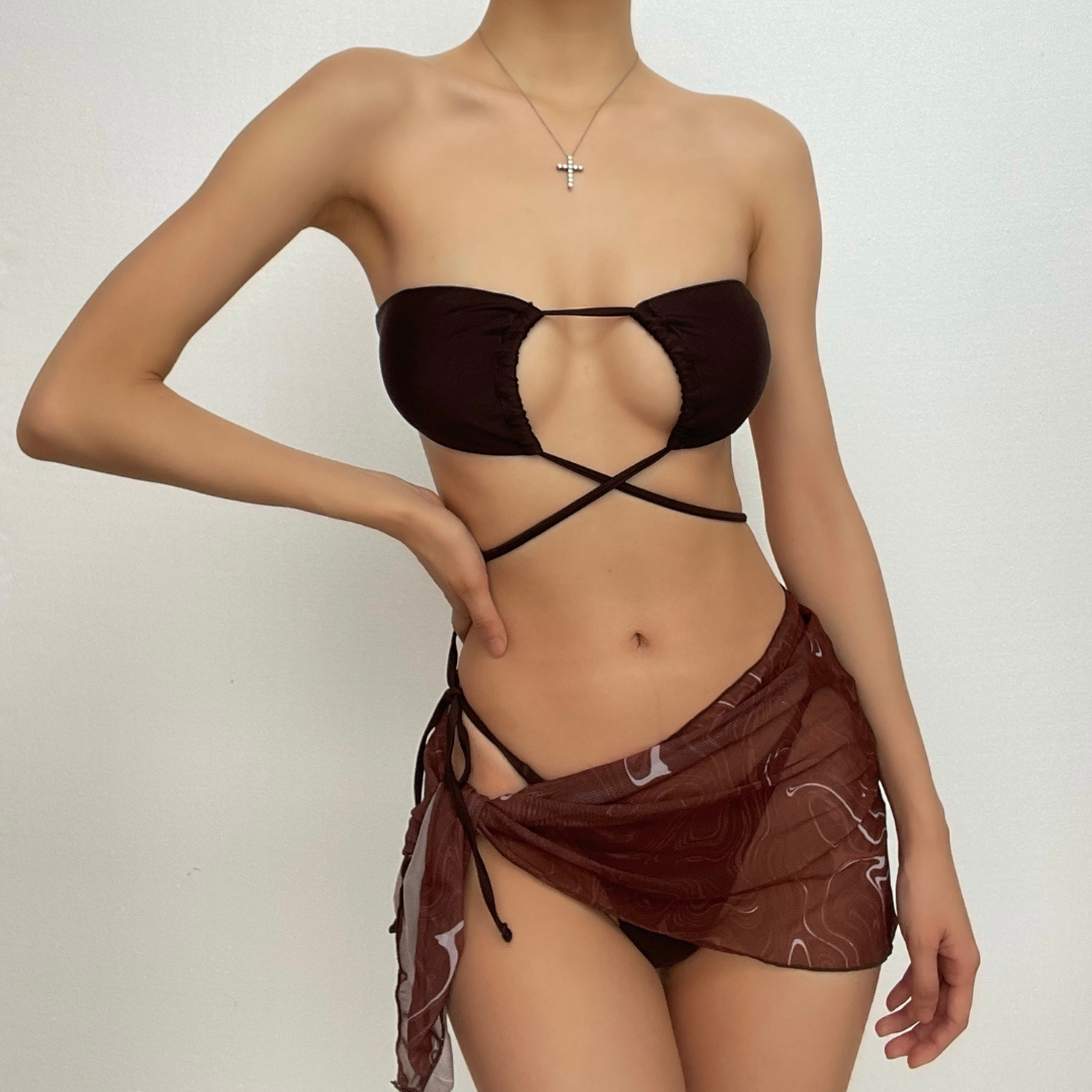 Cross front halter hollow out self tie mini dress 3 piece swimwear