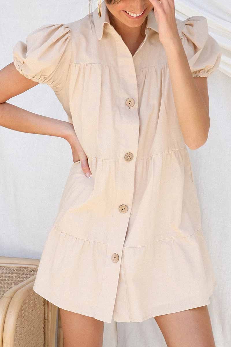 Loose Lantern Sleeve Pleated Single Breasted Mini Dress