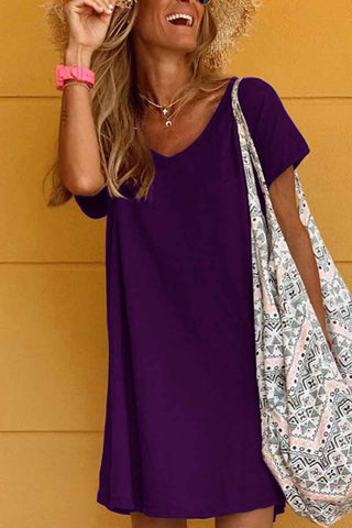 Loose Solid Color Short Sleeve V-Neck Mini Dress