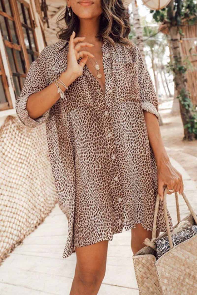 Leopard Print Long Sleeve Shirt Mini Dress