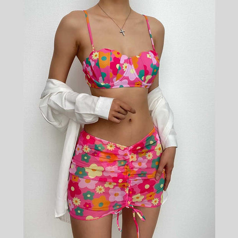 Flower pattern drawstring contrast padded 3 piece swimwear