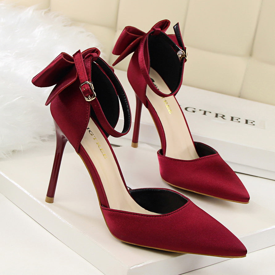 Women's Pointed Toe Satin Hollow Back Bow Heels