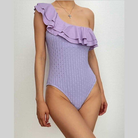 Textured ruffle one shoulder solid one piece swimwear