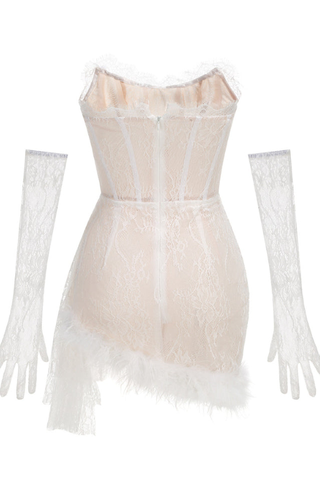 Queena Strapless Feather Trim Lace Dress
