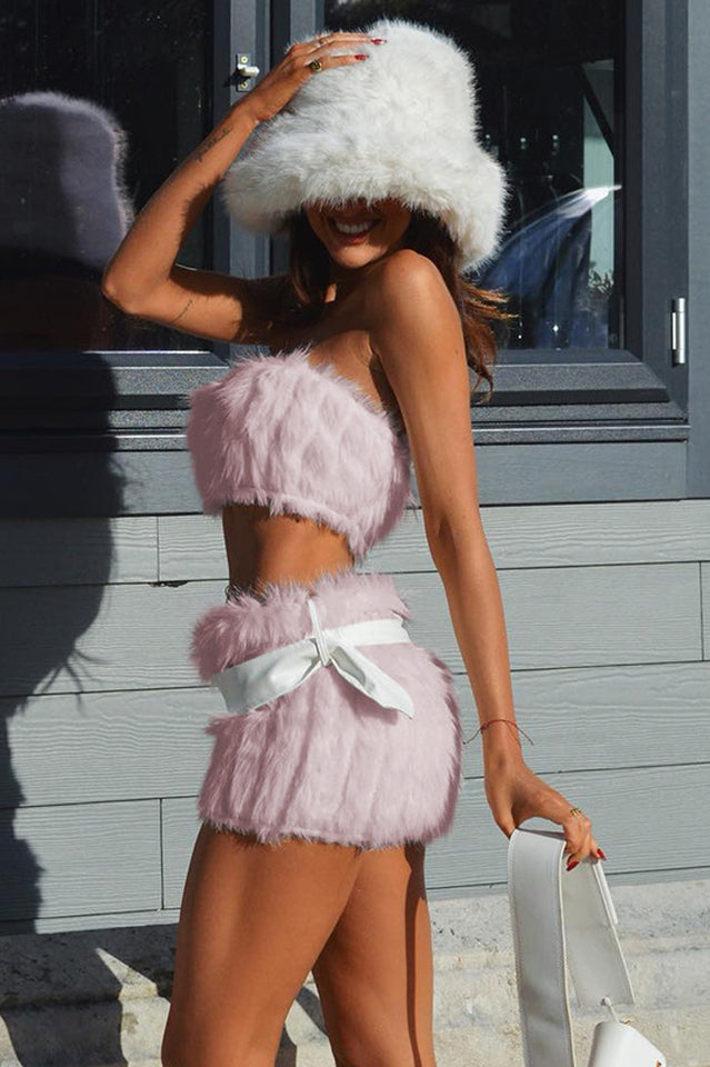 White Fur Skirt Set