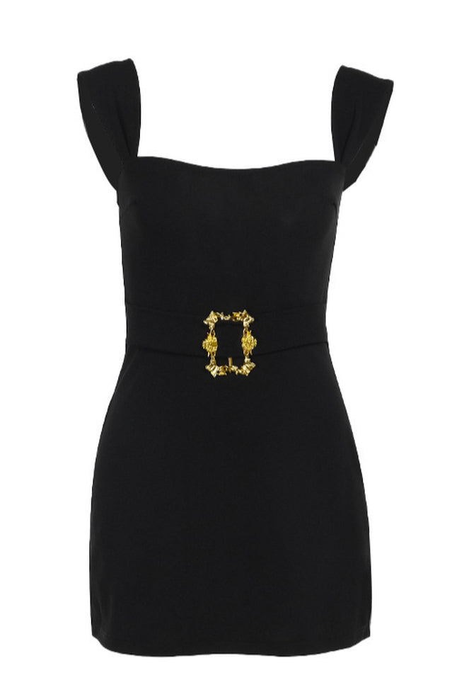 Solid Metallic Buckle Belted Mini Dress