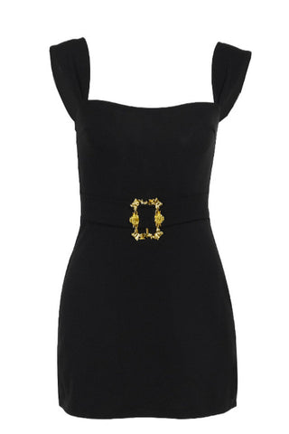 Solid Metallic Buckle Belted Mini Dress