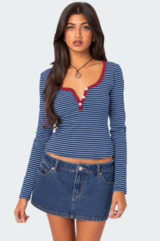Buttoned Striped Long Sleeve T-Shirt