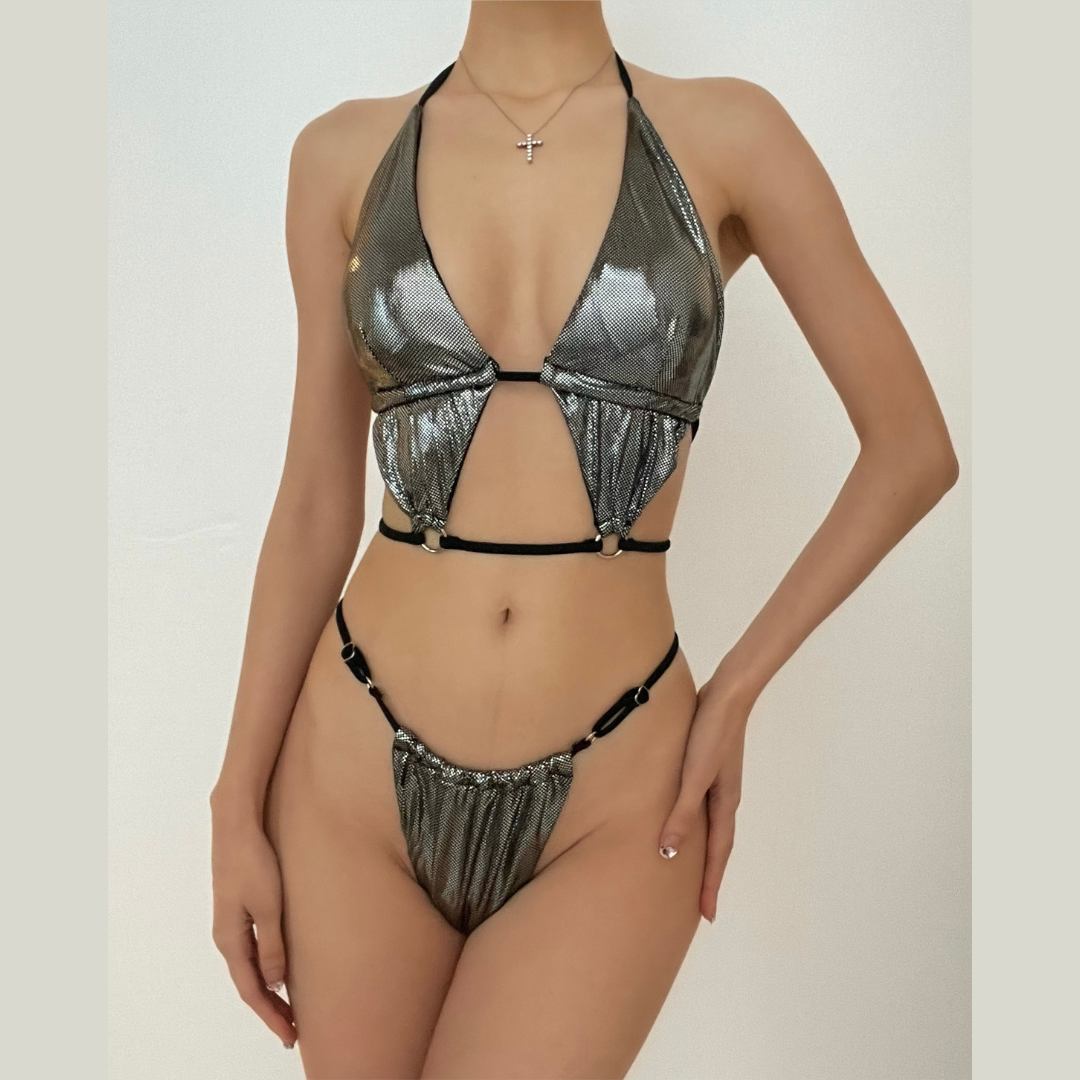 Contrast halter metallic self tie bikini swimwear