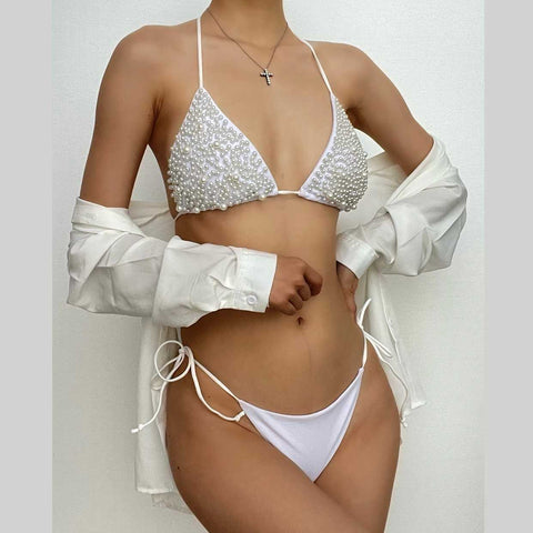 Pearl halter solid backless self tie bikini swimwear