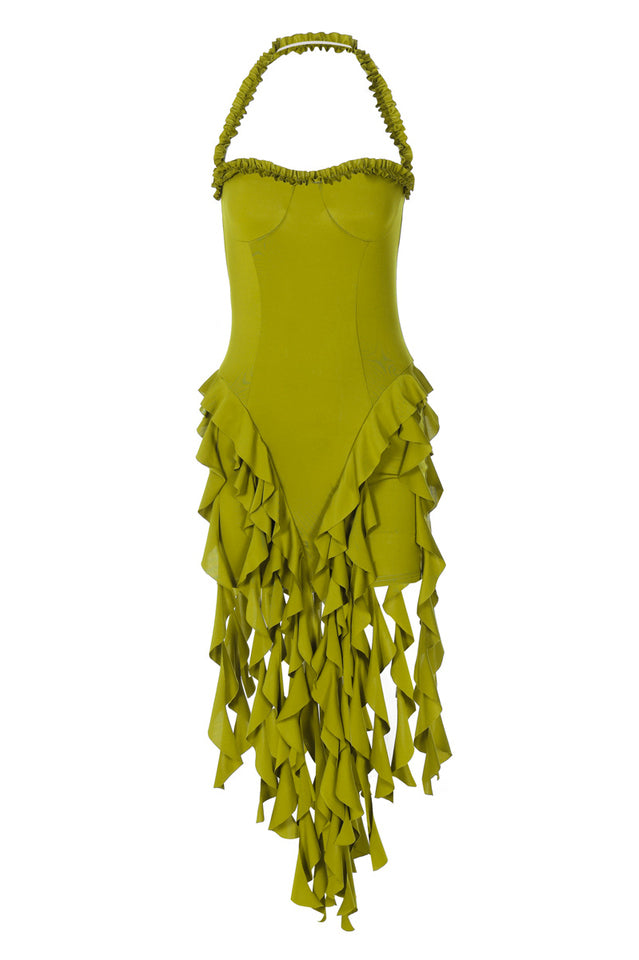 Ruffle Tassel Halter Bustier Mini Dress