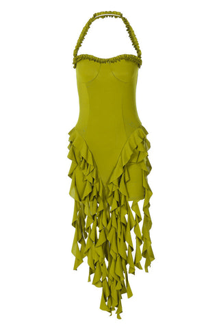 Ruffle Tassel Halter Bustier Mini Dress