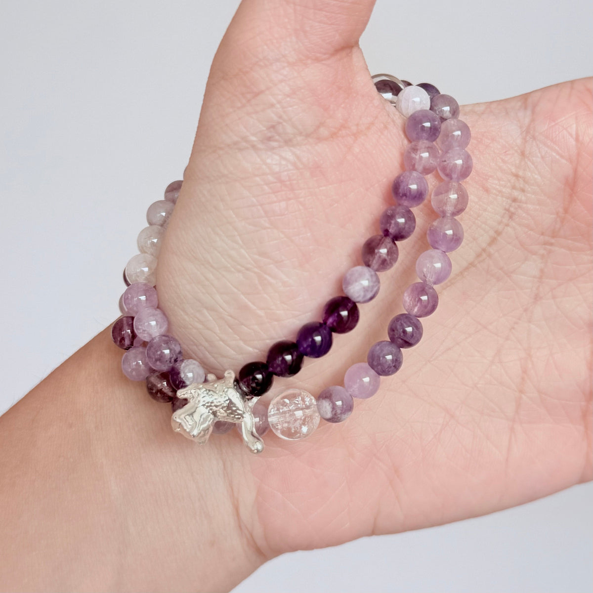 Amethyst & Clear Quartz Bracelet with Silver Cat Charm