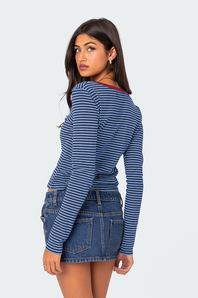 Buttoned Striped Long Sleeve T-Shirt
