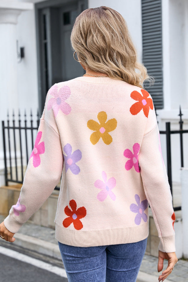 Flower Round Neck Long Sleeve Sweater