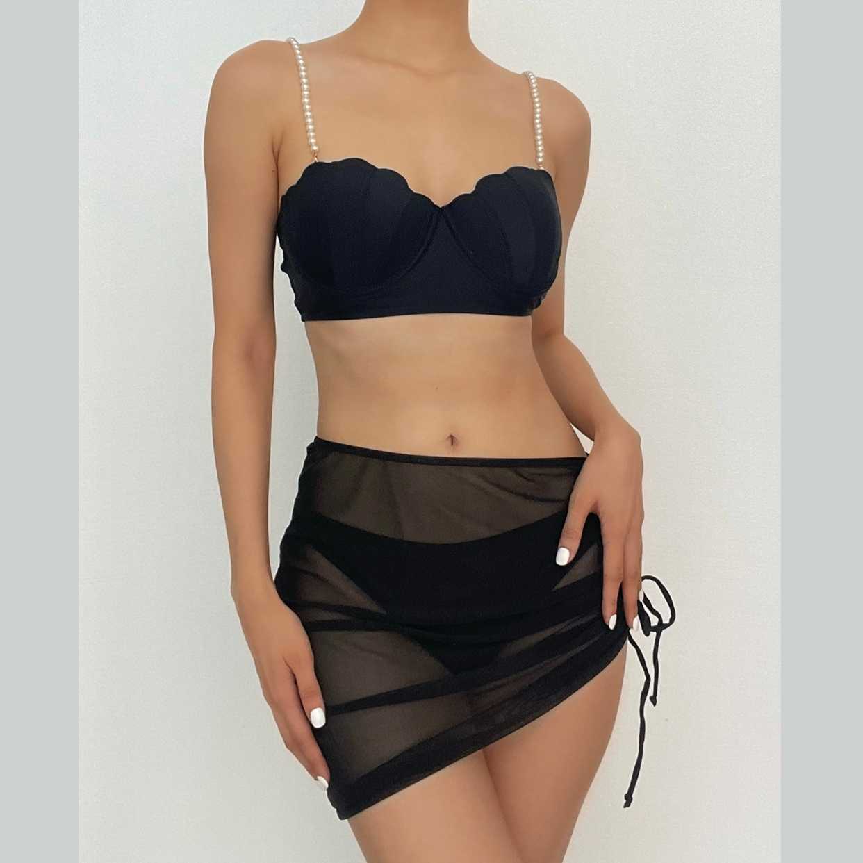 Mesh drawstring padded backless pearl 3 piece swimwear