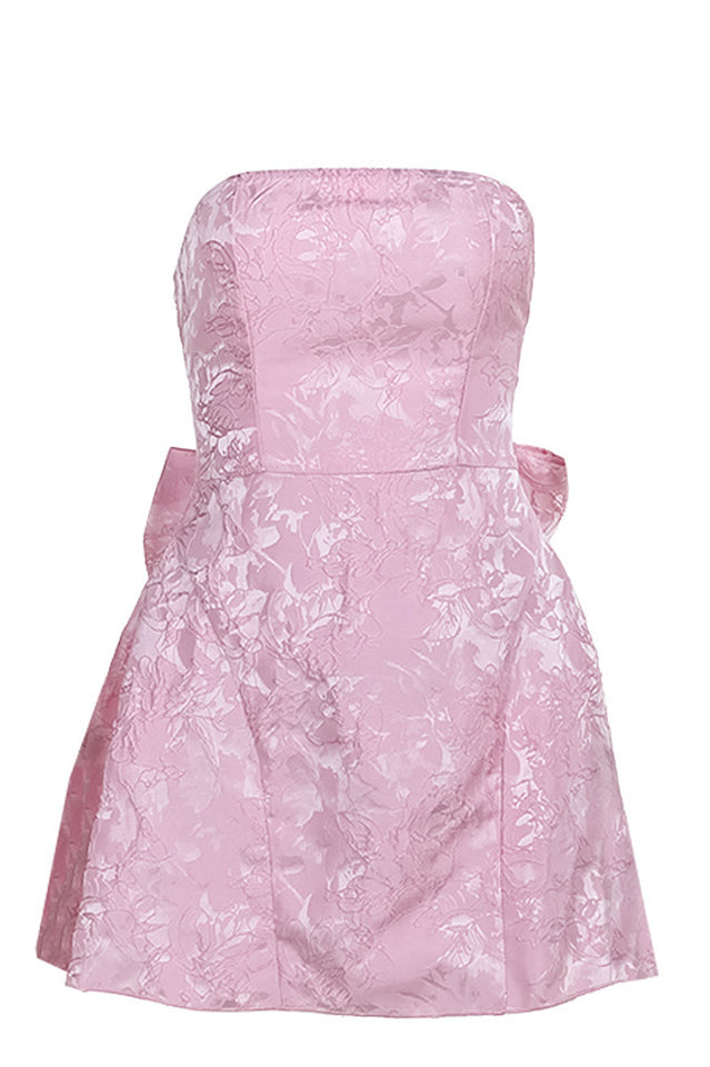 Jacquard Print Tube Back Bow Mini Dress