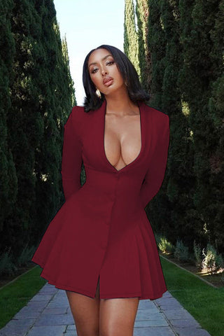 Pleated Sexy V Neck Blazer Dress