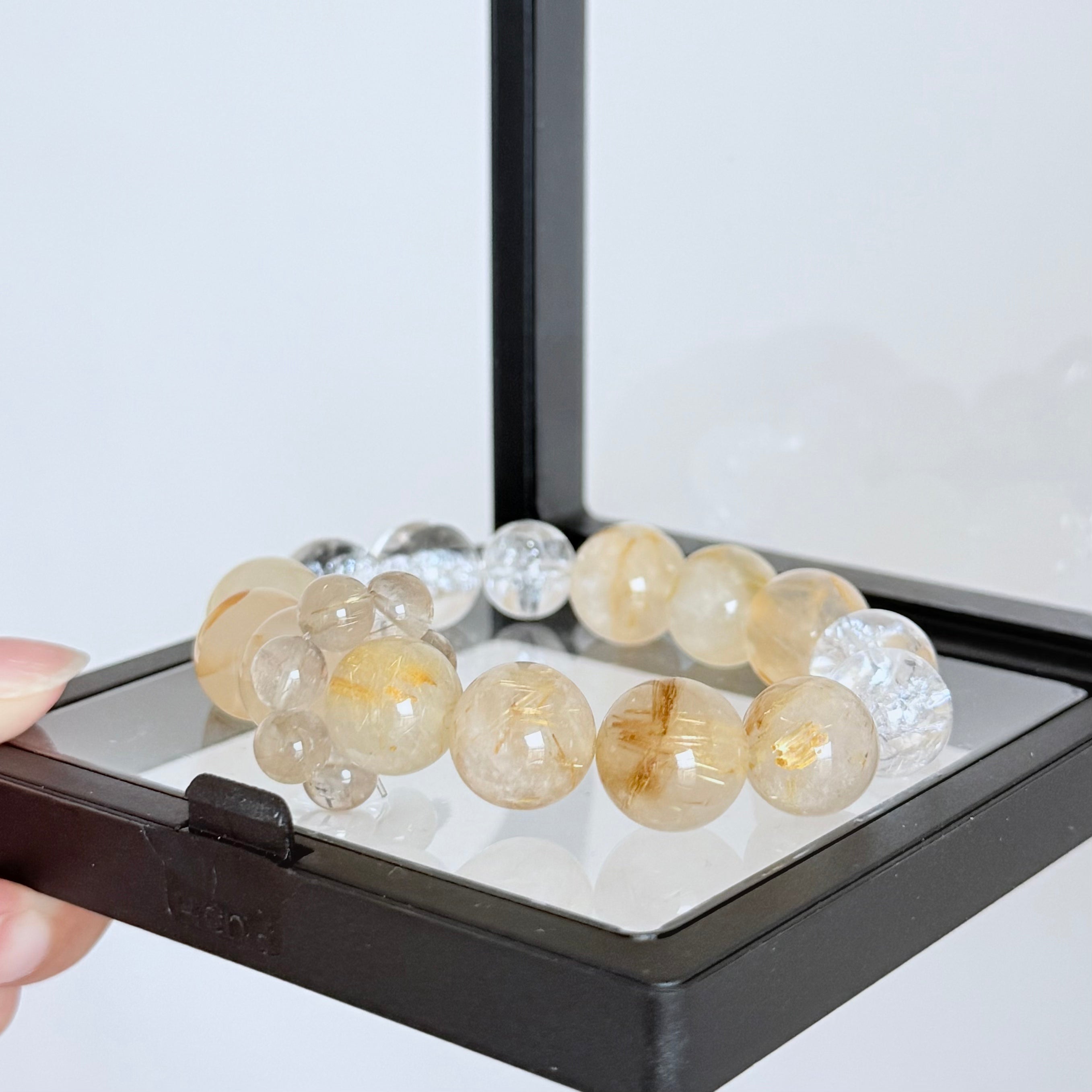 Golden Rutilated Quartz Bracelet with Clear Quartz and Smoky Quartz