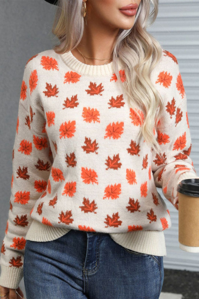 Autumn Leaf Print Knit Sweater