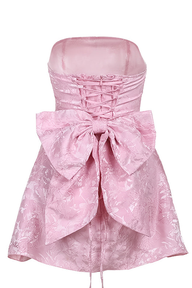 Jacquard Print Tube Back Bow Mini Dress