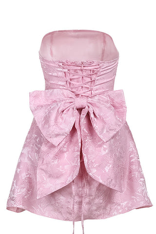 Jacquard Print Tube Back Bow Mini Dress