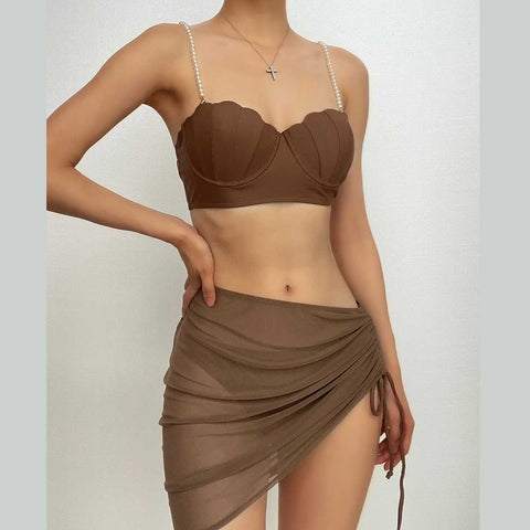 Mesh drawstring padded backless pearl 3 piece swimwear