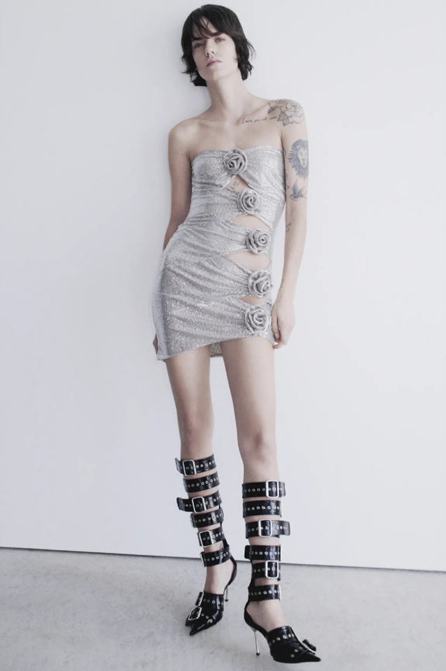 Strapless Floral Studded Dress