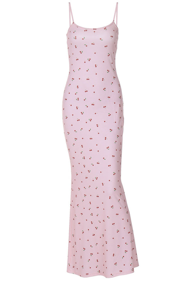 Cherry Print Spaghetti Strap Mermaid Dress