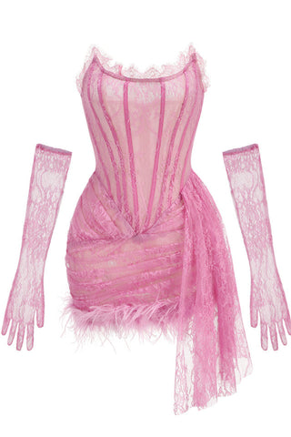 Queena Strapless Feather Trim Lace Dress