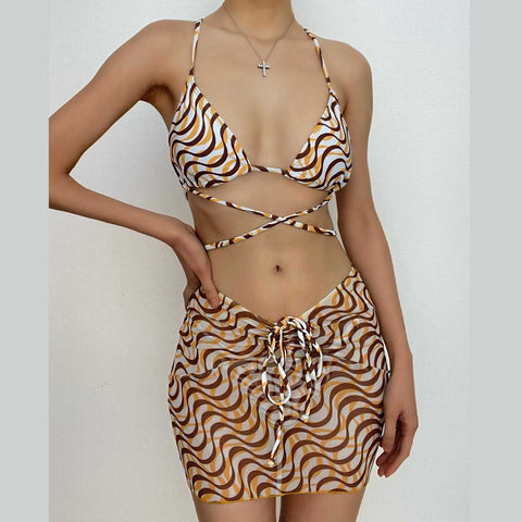 Contrast print cross back self tie mesh backless 4 piece swimwear