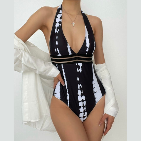 Contrast v neck one piece swimwear