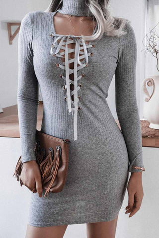 Halter Neck Deep V Knitted Bag Hip Mini Dress