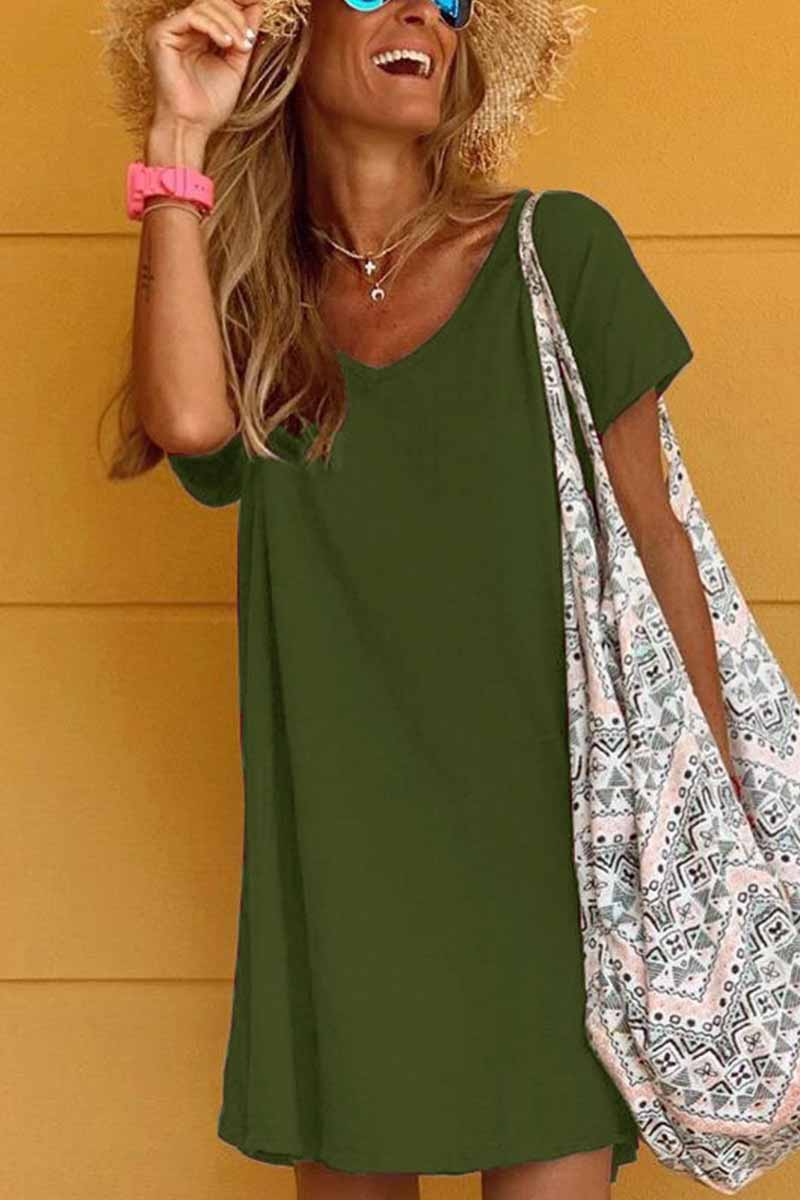 Loose Solid Color Short Sleeve V-Neck Mini Dress