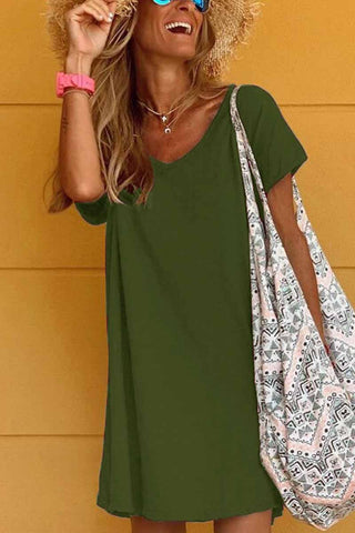 Loose Solid Color Short Sleeve V-Neck Mini Dress