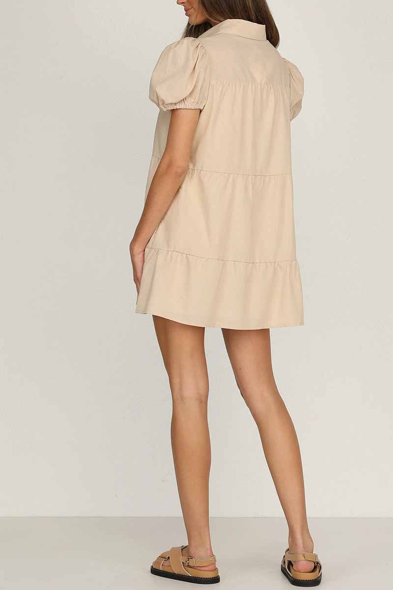 Loose Lantern Sleeve Pleated Single Breasted Mini Dress