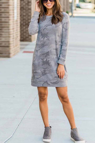 Casual Loose Round Neck Camouflage Mini Dress