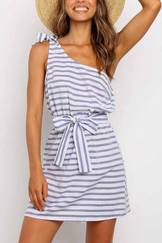 Summer One-Shoulder Lace-Up Stripes Mini Dress