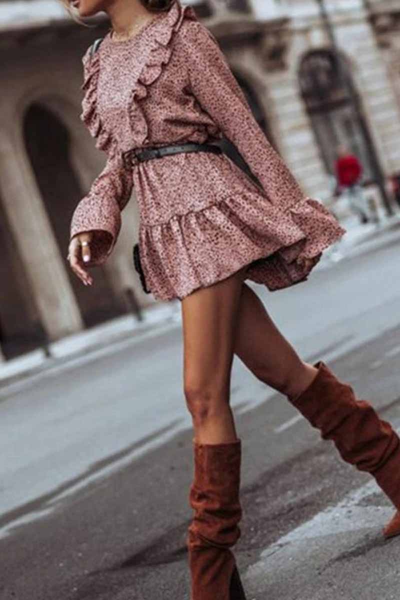 Ruffle Print Long Sleeves Mini Dress