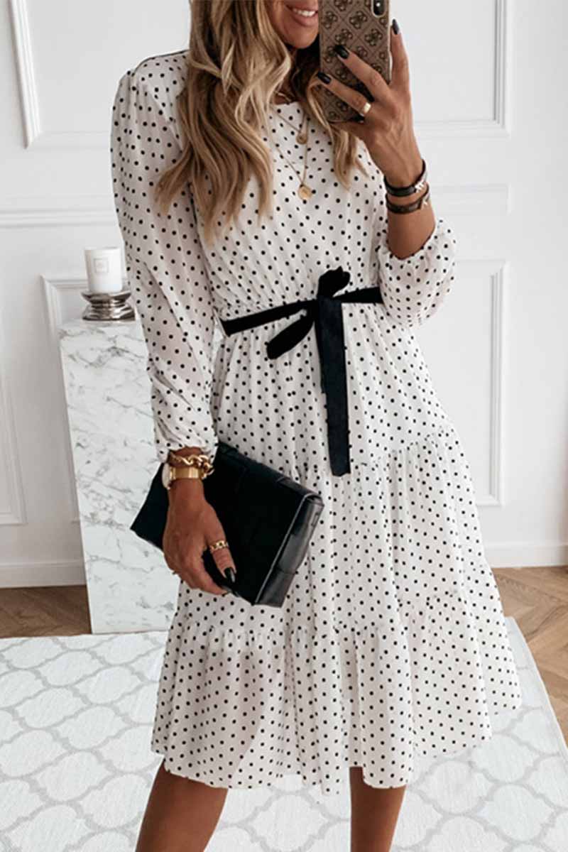 Elegant White Black Dot Print Round Neck Tie Midi Dress