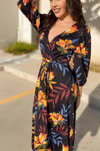 Stitching Flower Picture Double V-neck Midi Dress