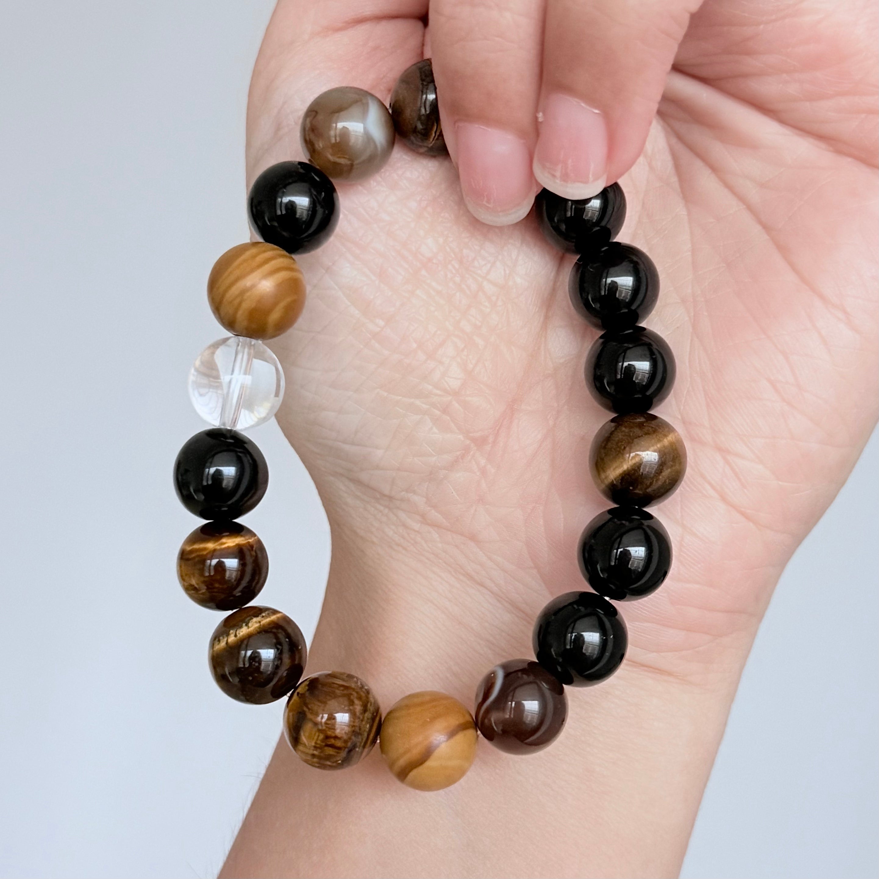 Tiger's Eye, Black Obsidian & Clear Quartz Bracelet
