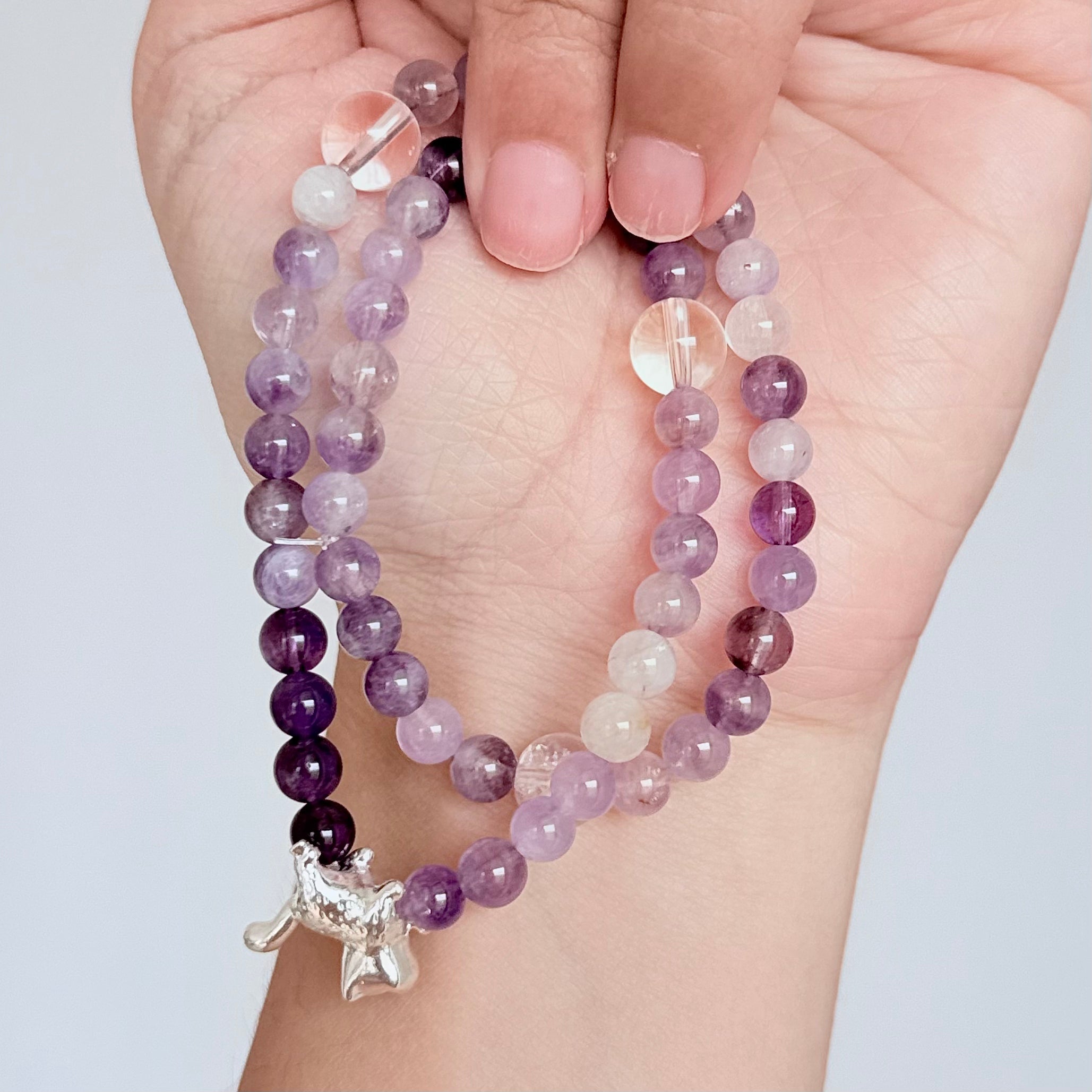Amethyst & Clear Quartz Bracelet with Silver Cat Charm