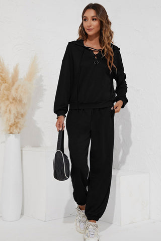 Two-Piece V-Neck Strappy Hooded Sweatshirt Pants